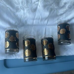 Euc set of 4 libbey textured 22k gold coin high ball glasses 5.5 in x 2.5 mcm